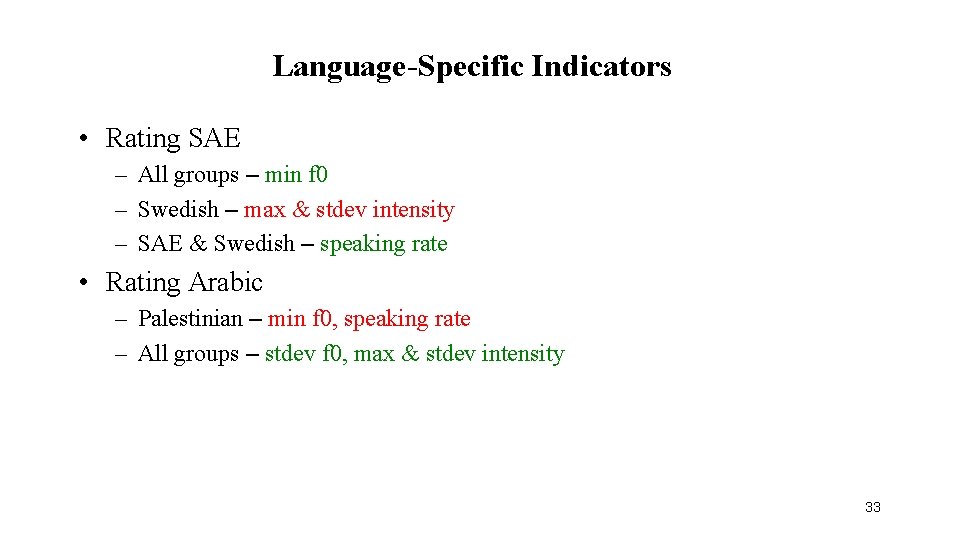 Language-Specific Indicators • Rating SAE – All groups – min f 0 – Swedish