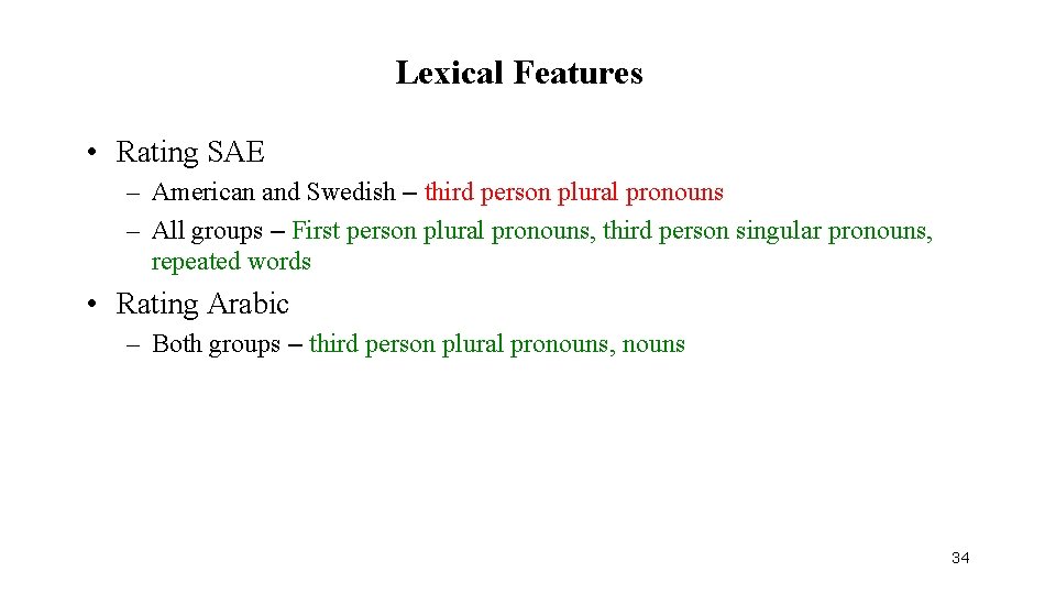 Lexical Features • Rating SAE – American and Swedish – third person plural pronouns