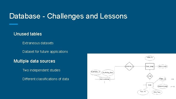 Database - Challenges and Lessons Unused tables Extraneous datasets Dataset for future applications Multiple