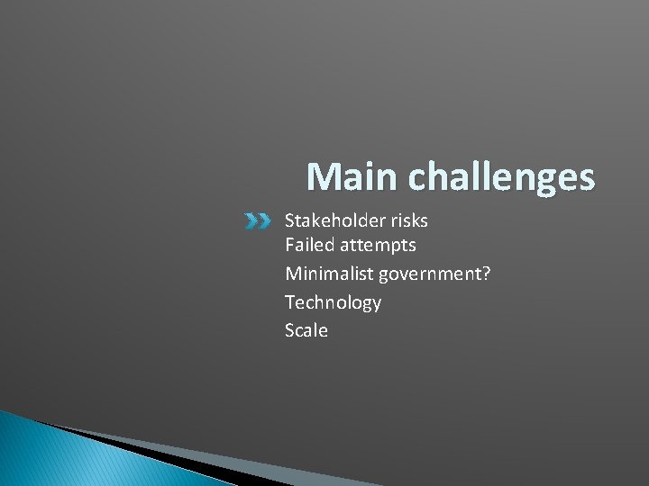 Main challenges Stakeholder risks Failed attempts Minimalist government? Technology Scale 