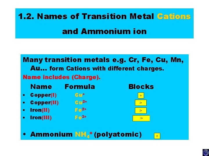 1. 2. Names of Transition Metal Cations and Ammonium ion Many transition metals e.