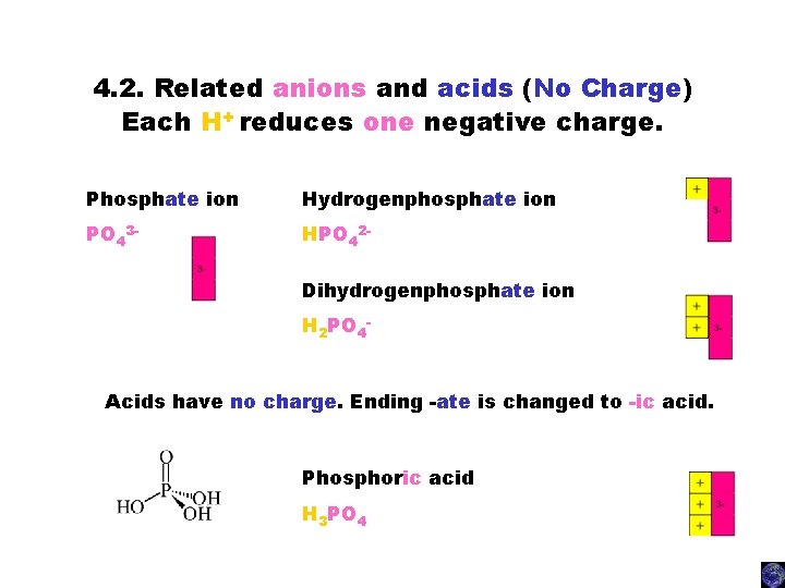 4. 2. Related anions and acids (No Charge) Each H+ reduces one negative charge.