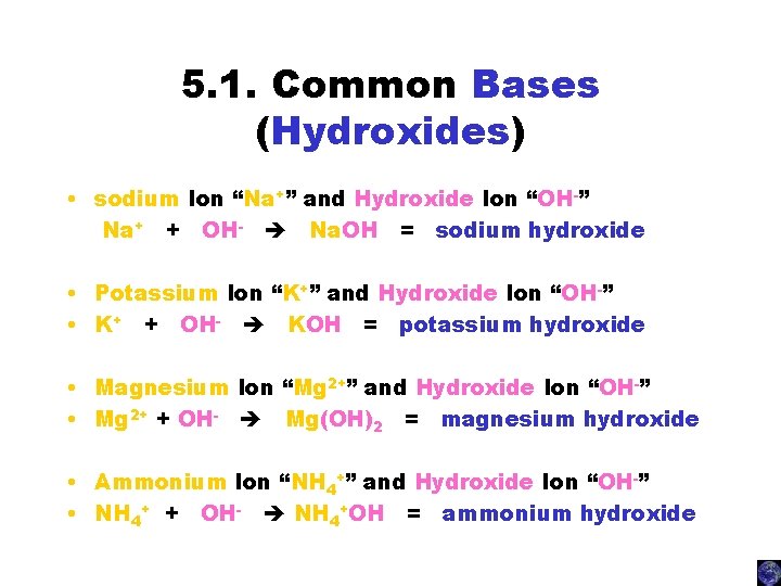 5. 1. Common Bases (Hydroxides) • sodium Ion “Na+” and Hydroxide Ion “OH-” Na+