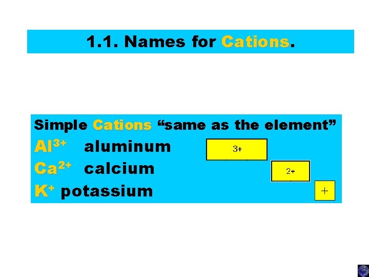 1. 1. Names for Cations Simple Cations “same as the element” Al 3+ aluminum