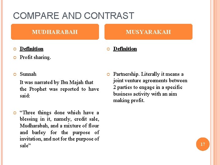 COMPARE AND CONTRAST MUDHARABAH Definition Profit sharing. Sunnah It was narrated by Ibn Majah