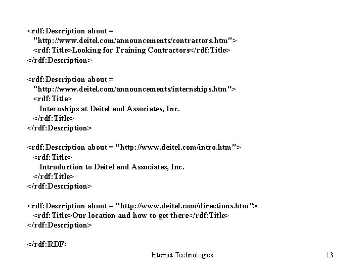<rdf: Description about = "http: //www. deitel. com/announcements/contractors. htm"> <rdf: Title>Looking for Training Contractors</rdf: