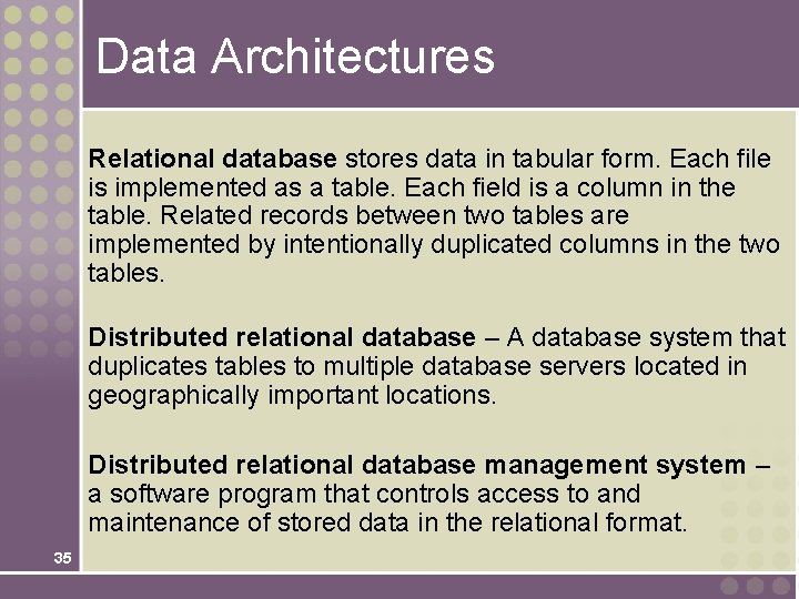 Data Architectures Relational database stores data in tabular form. Each file is implemented as Data Architectures Relational database stores data in tabular form. Each file is implemented as