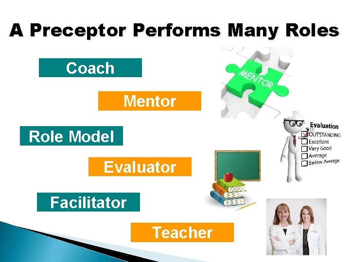 A Preceptor Performs Many Roles Coach Mentor Role Model Evaluator Facilitator Teacher 