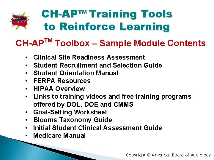CH-APTM Training Tools to Reinforce Learning CH-AP • • • TM Toolbox – Sample