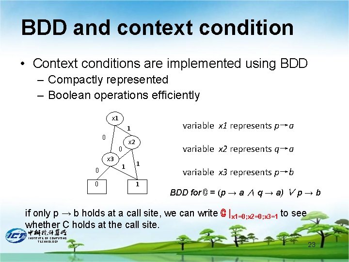 BDD and context condition • Context conditions are implemented using BDD – Compactly represented