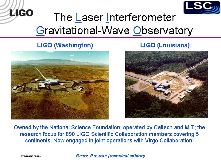 The Laser Interferometer Gravitational-Wave Observatory LIGO (Washington) LIGO (Louisiana) Owned by the National Science