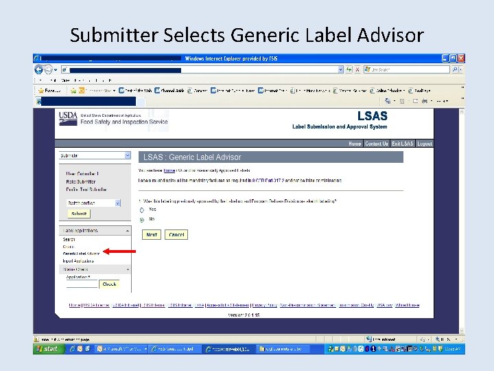 Submitter Selects Generic Label Advisor 