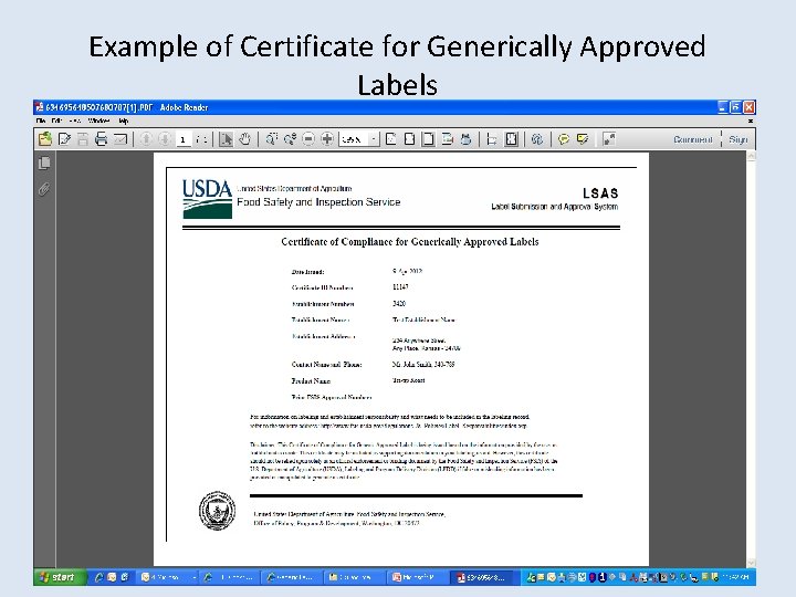 Example of Certificate for Generically Approved Labels 