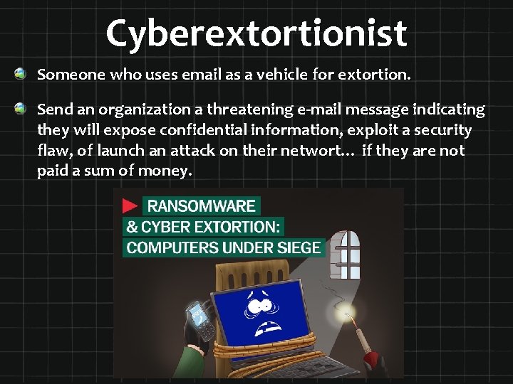 Cyberextortionist Someone who uses email as a vehicle for extortion. Send an organization a