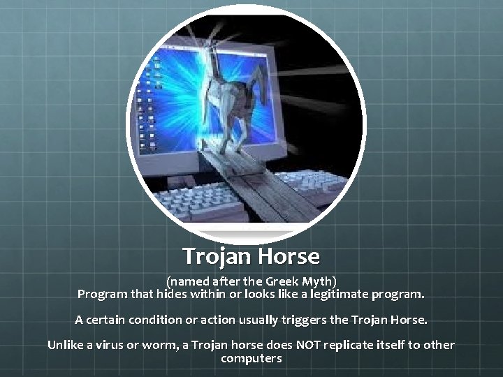 Trojan Horse (named after the Greek Myth) Program that hides within or looks like