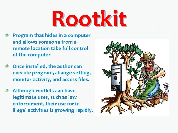 Rootkit Program that hides in a computer and allows someone from a remote location