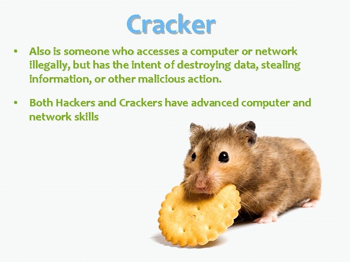 Cracker • Also is someone who accesses a computer or network illegally, but has