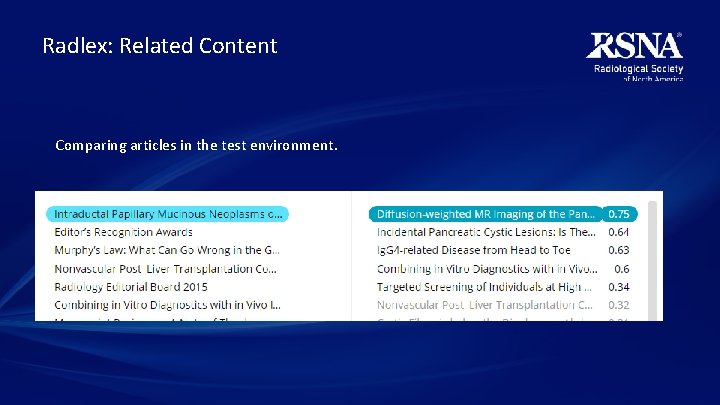 Radlex: Related Content Comparing articles in the test environment. 