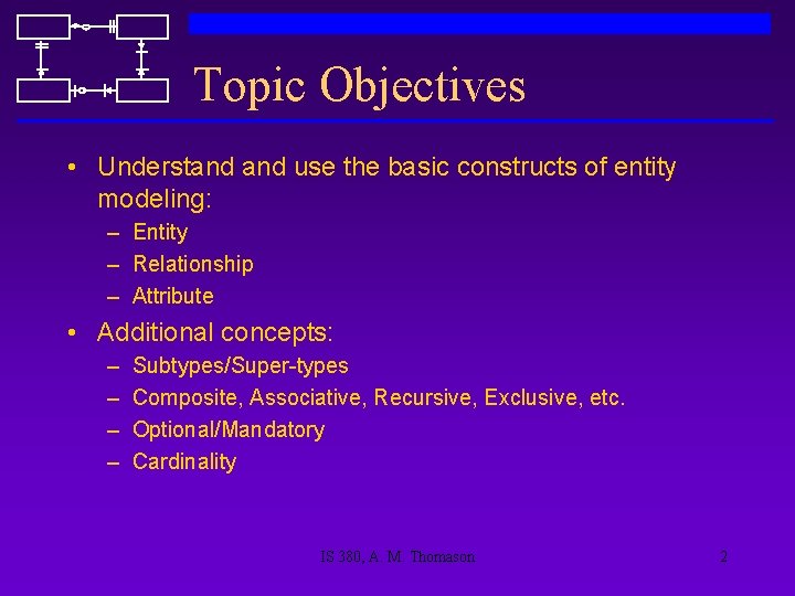 Topic Objectives • Understand use the basic constructs of entity modeling: – Entity –