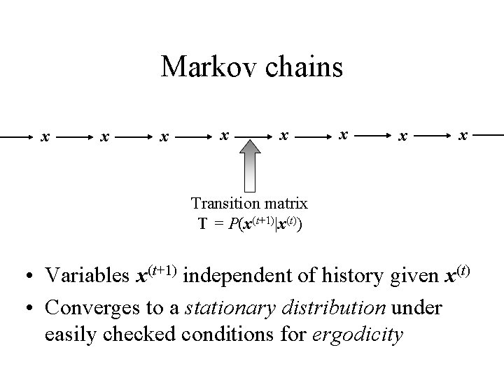 Markov chains x x x x Transition matrix T = P(x(t+1)|x(t)) • Variables x(t+1)