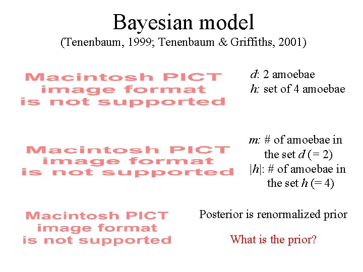 Bayesian model (Tenenbaum, 1999; Tenenbaum & Griffiths, 2001) d: 2 amoebae h: set of