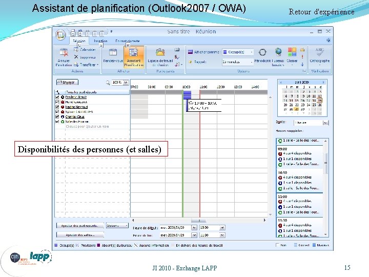 Assistant de planification (Outlook 2007 / OWA) Retour d'expérience Disponibilités des personnes (et salles)