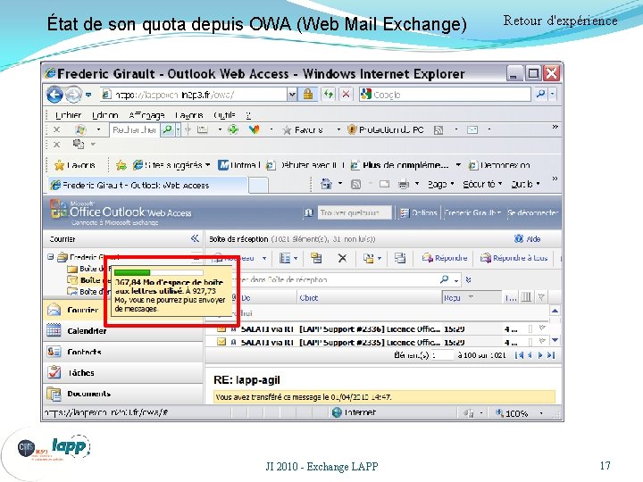 État de son quota depuis OWA (Web Mail Exchange) JI 2010 - Exchange LAPP