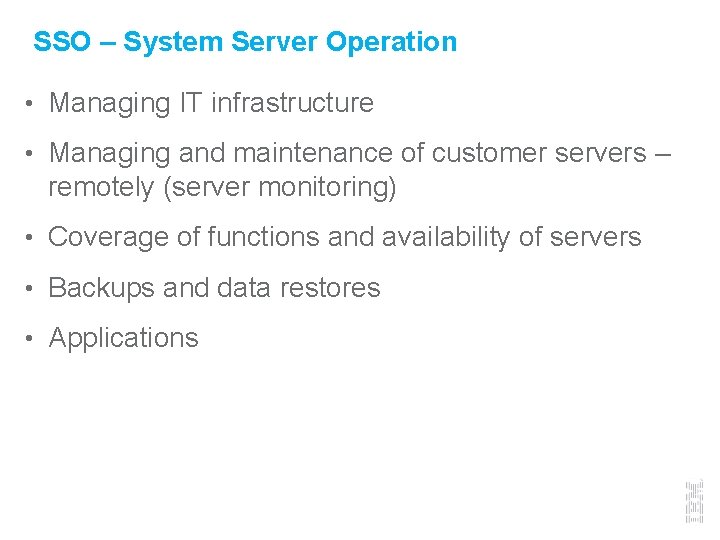 SSO – System Server Operation • Managing IT infrastructure • Managing and maintenance of