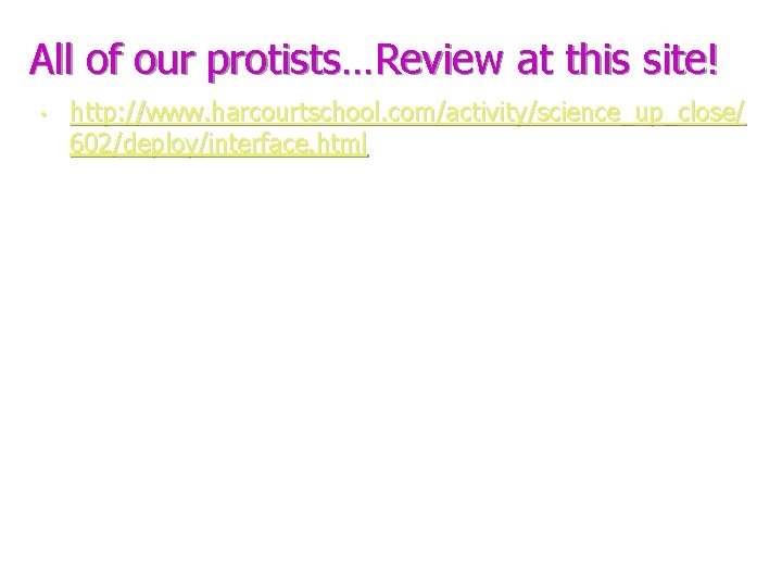 All of our protists…Review at this site! • http: //www. harcourtschool. com/activity/science_up_close/ 602/deploy/interface. html