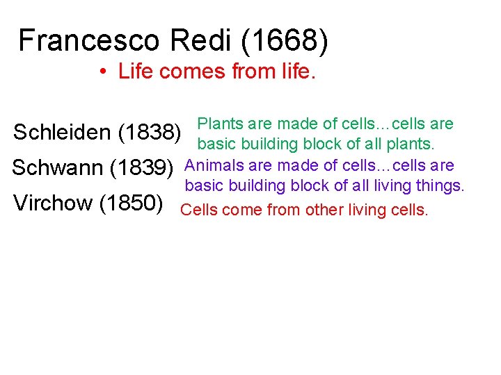 Francesco Redi (1668) • Life comes from life. Plants are made of cells…cells are
