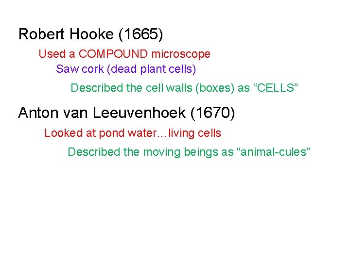Robert Hooke (1665) Used a COMPOUND microscope Saw cork (dead plant cells) Described the