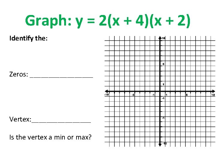 Graph: y = 2(x + 4)(x + 2) Identify the: Zeros: _________ Vertex: ________