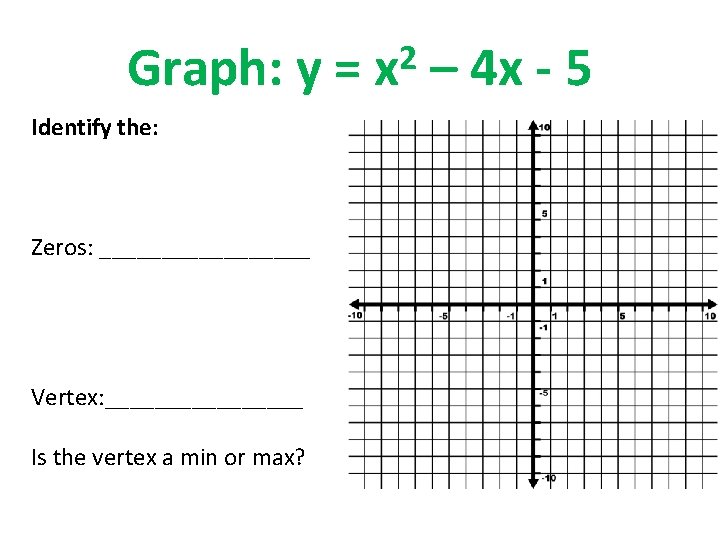 Graph: y = Identify the: Zeros: _________ Vertex: ________ Is the vertex a min