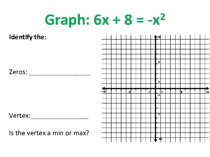 Graph: 6 x + 8 = Identify the: Zeros: _________ Vertex: ________ Is the