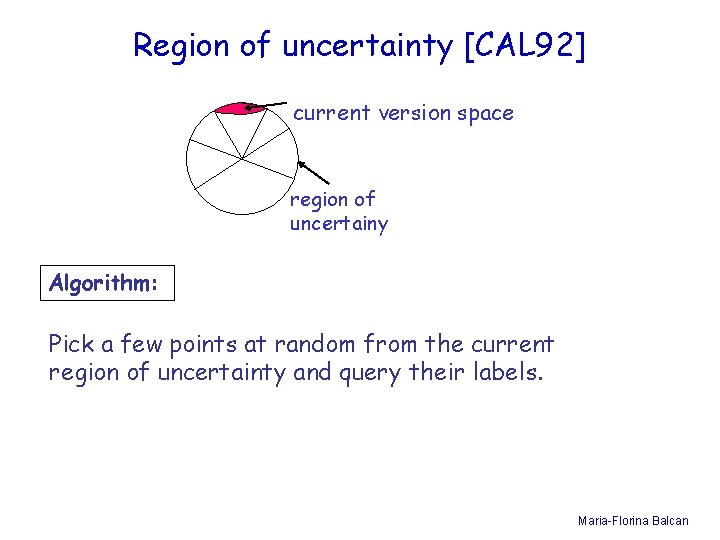 Region of uncertainty [CAL 92] current version space region of uncertainy Algorithm: Pick a