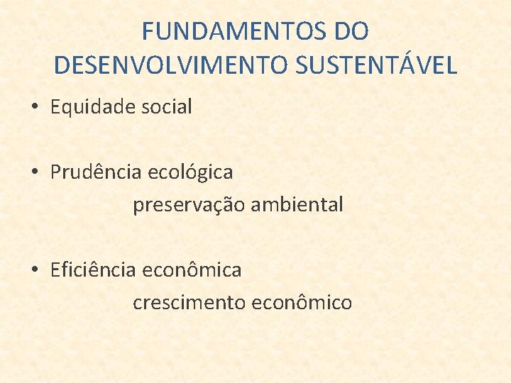 FUNDAMENTOS DO DESENVOLVIMENTO SUSTENTÁVEL • Equidade social • Prudência ecológica preservação ambiental • Eficiência