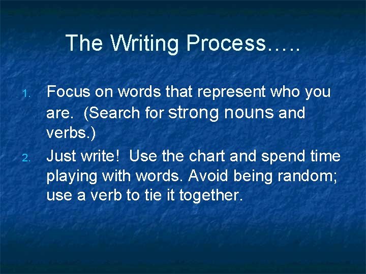 The Writing Process…. . 1. 2. Focus on words that represent who you are.