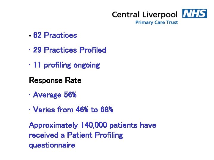  • 62 Practices • 29 Practices Profiled • 11 profiling ongoing Response Rate