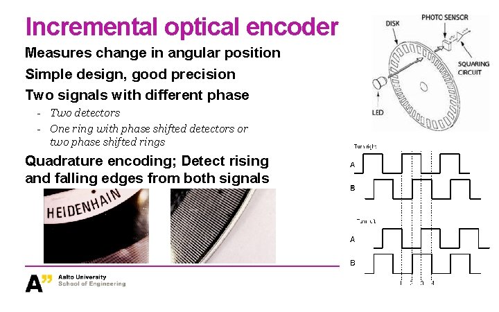 Incremental optical encoder Measures change in angular position Simple design, good precision Two signals