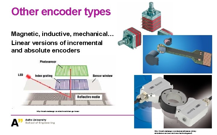 Other encoder types Magnetic, inductive, mechanical… Linear versions of incremental and absolute encoders http: