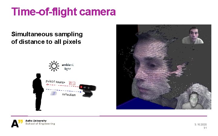 Time-of-flight camera Simultaneous sampling of distance to all pixels 3. 10. 2020 31 