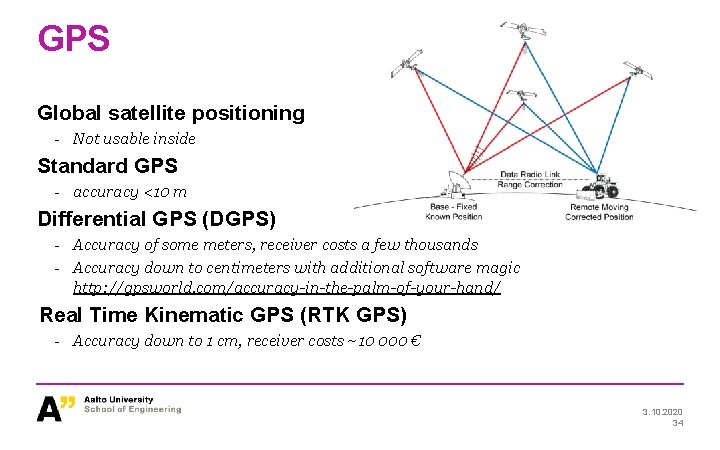 GPS Global satellite positioning - Not usable inside Standard GPS - accuracy <10 m