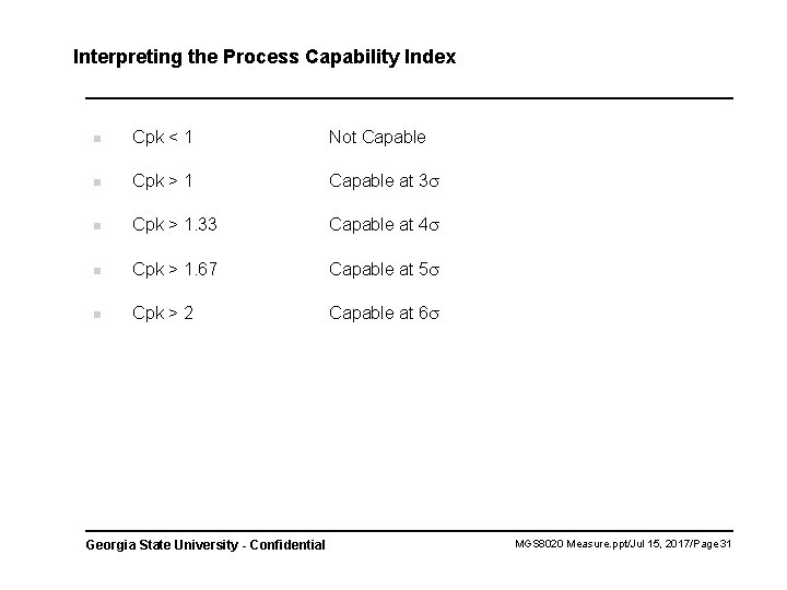 Interpreting the Process Capability Index n Cpk < 1 Not Capable n Cpk >