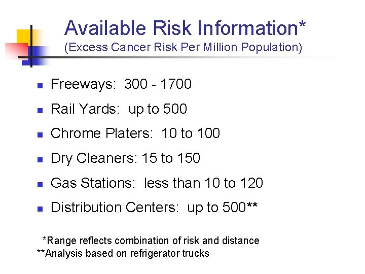Available Risk Information* (Excess Cancer Risk Per Million Population) n Freeways: 300 - 1700