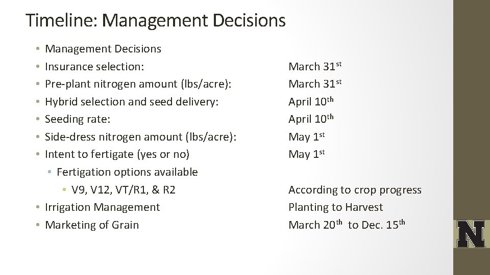 Timeline: Management Decisions Insurance selection: Pre-plant nitrogen amount (lbs/acre): Hybrid selection and seed delivery: