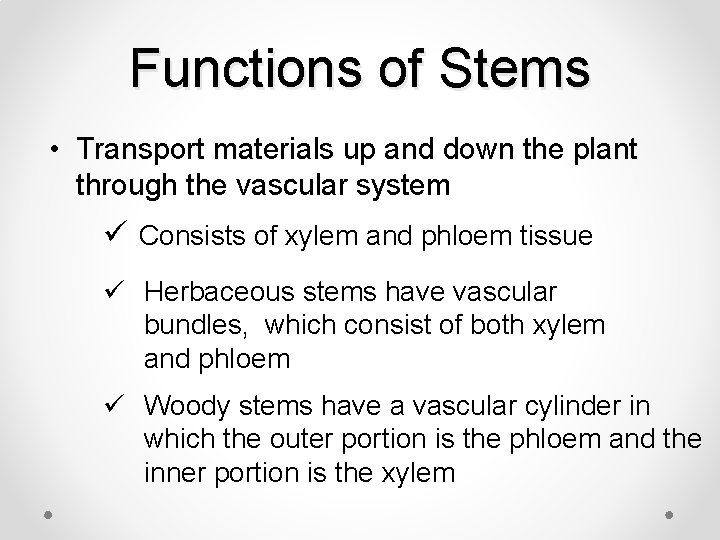 Functions of Stems • Transport materials up and down the plant through the vascular