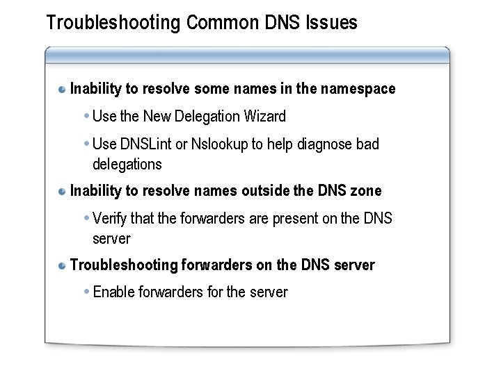 Troubleshooting Common DNS Issues Inability to resolve some names in the namespace Use the
