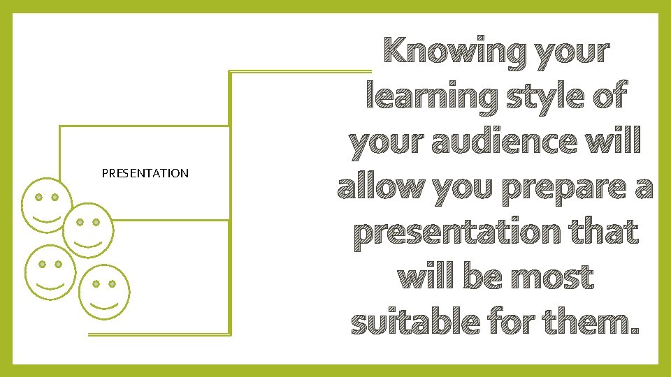 PRESENTATION Knowing your learning style of your audience will allow you prepare a presentation