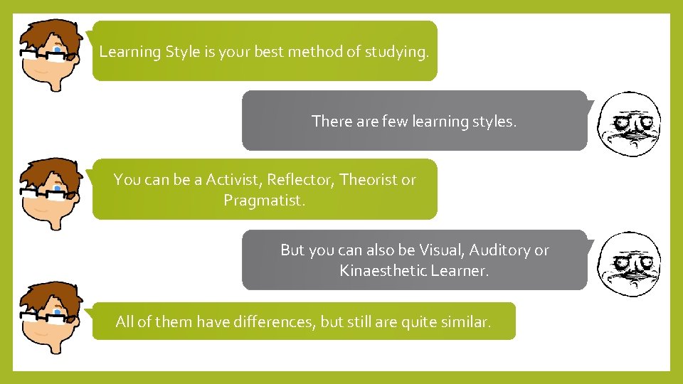 Learning Style is your best method of studying. There are few learning styles. You