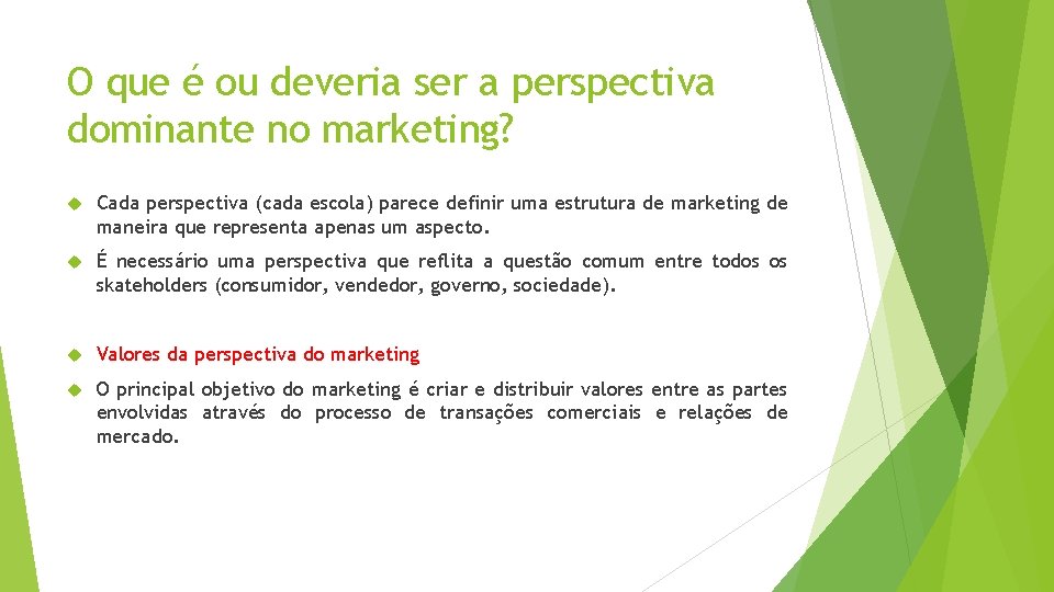 O que é ou deveria ser a perspectiva dominante no marketing? Cada perspectiva (cada